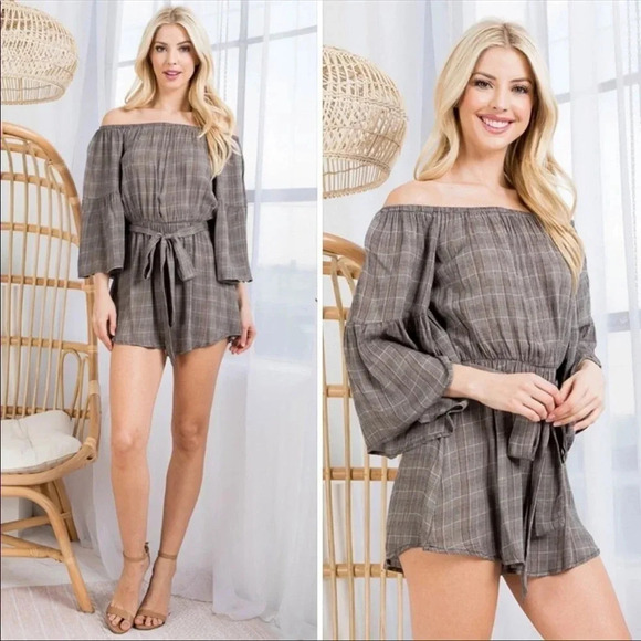 Boho Plaid Off Shoulder Romper | Bell Sleeve Cinched Waist Jumpsuit - Picture 4 of 11
